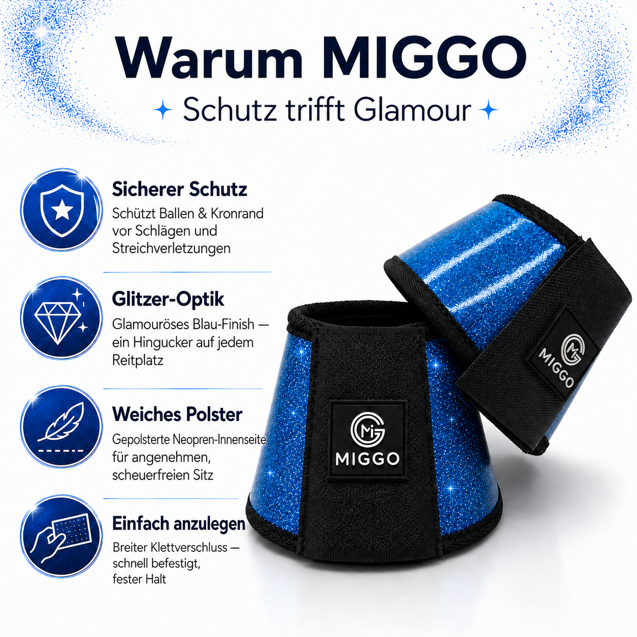 MIGGO HufHeld Hufglocken & Springglocken für Pferde und Ponys – Robuste Glitzer-TPU Hufglocken mit weicher Neoprenpolsterung | XS–XL|Blau