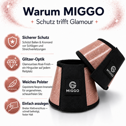 MIGGO HufHeld Hufglocken & Springglocken für Pferde und Ponys – Robuste Glitzer-TPU Hufglocken mit weicher Neoprenpolsterung | XS–XL| Rosé