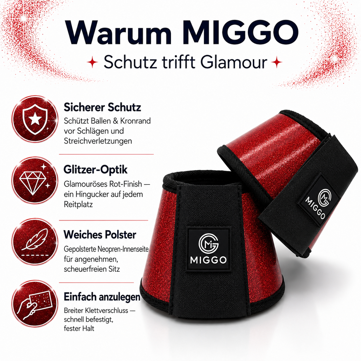 MIGGO HufHeld Hufglocken & Springglocken für Pferde und Ponys – Robuste Glitzer-TPU Hufglocken mit weicher Neoprenpolsterung | XS–XL| Rot