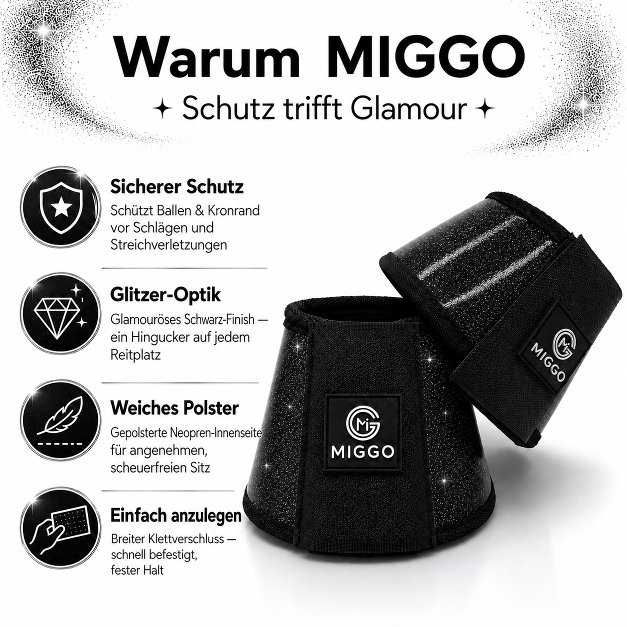 MIGGO HufHeld Hufglocken & Springglocken für Pferde und Ponys – Robuste Glitzer-TPU Hufglocken mit weicher Neoprenpolsterung | XS–XL|Schwarz