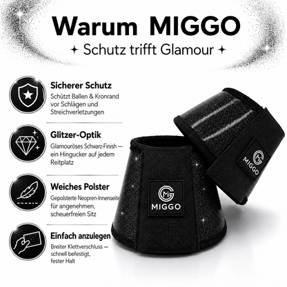 MIGGO HufHeld Hufglocken & Springglocken für Pferde und Ponys – Robuste Glitzer-TPU Hufglocken mit weicher Neoprenpolsterung | XS–XL|Schwarz