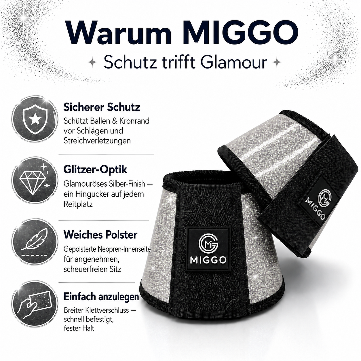 MIGGO HufHeld Hufglocken & Springglocken für Pferde und Ponys – Robuste Glitzer-TPU Hufglocken mit weicher Neoprenpolsterung | XS–XL|Silber