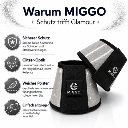 MIGGO HufHeld Hufglocken & Springglocken für Pferde und Ponys – Robuste Glitzer-TPU Hufglocken mit weicher Neoprenpolsterung | XS–XL|Silber