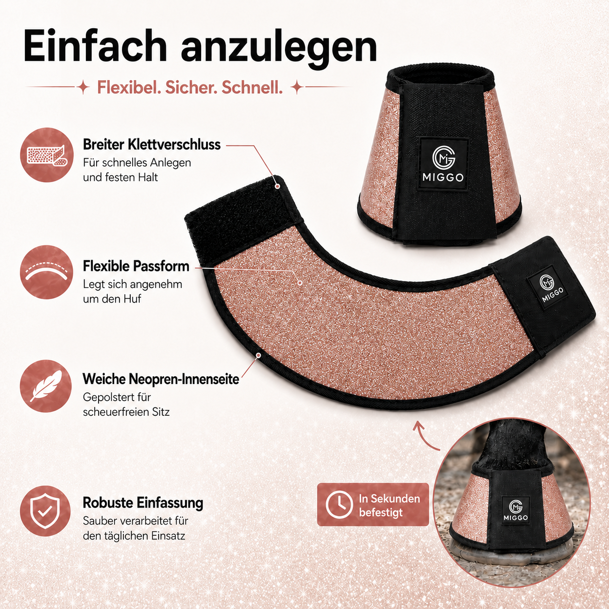 MIGGO HufHeld Hufglocken & Springglocken für Pferde und Ponys – Robuste Glitzer-TPU Hufglocken mit weicher Neoprenpolsterung | XS–XL| Rosé