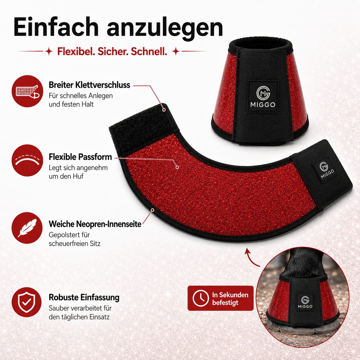 MIGGO HufHeld Hufglocken & Springglocken für Pferde und Ponys – Robuste Glitzer-TPU Hufglocken mit weicher Neoprenpolsterung | XS–XL| Rot