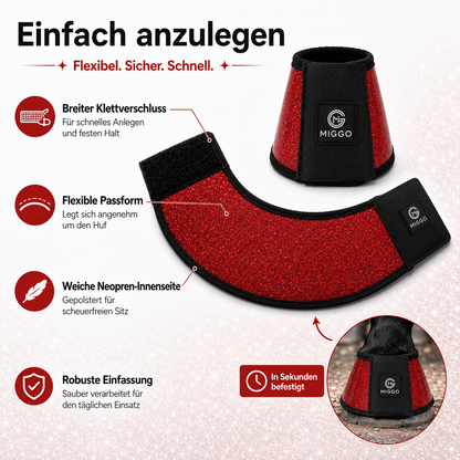 MIGGO HufHeld Hufglocken & Springglocken für Pferde und Ponys – Robuste Glitzer-TPU Hufglocken mit weicher Neoprenpolsterung | XS–XL| Rot