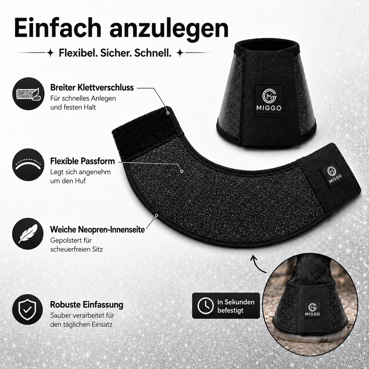 MIGGO HufHeld Hufglocken & Springglocken für Pferde und Ponys – Robuste Glitzer-TPU Hufglocken mit weicher Neoprenpolsterung | XS–XL|Schwarz