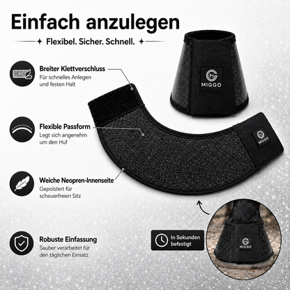 MIGGO HufHeld Hufglocken & Springglocken für Pferde und Ponys – Robuste Glitzer-TPU Hufglocken mit weicher Neoprenpolsterung | XS–XL|Schwarz