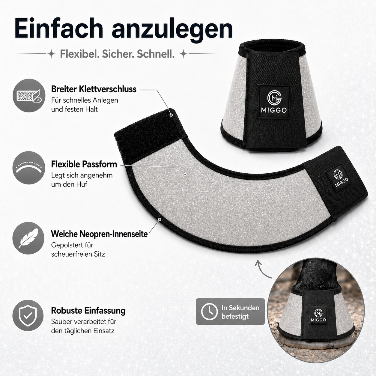 MIGGO HufHeld Hufglocken & Springglocken für Pferde und Ponys – Robuste Glitzer-TPU Hufglocken mit weicher Neoprenpolsterung | XS–XL|Silber