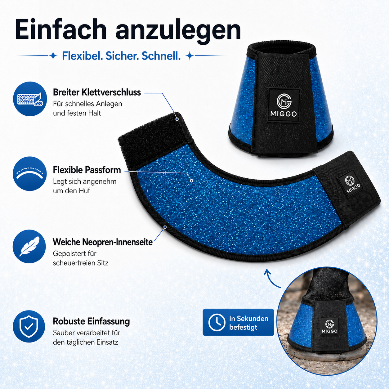 MIGGO HufHeld Hufglocken & Springglocken für Pferde und Ponys – Robuste Glitzer-TPU Hufglocken mit weicher Neoprenpolsterung | XS–XL|Blau
