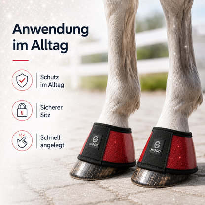 MIGGO HufHeld Hufglocken & Springglocken für Pferde und Ponys – Robuste Glitzer-TPU Hufglocken mit weicher Neoprenpolsterung | XS–XL| Rot