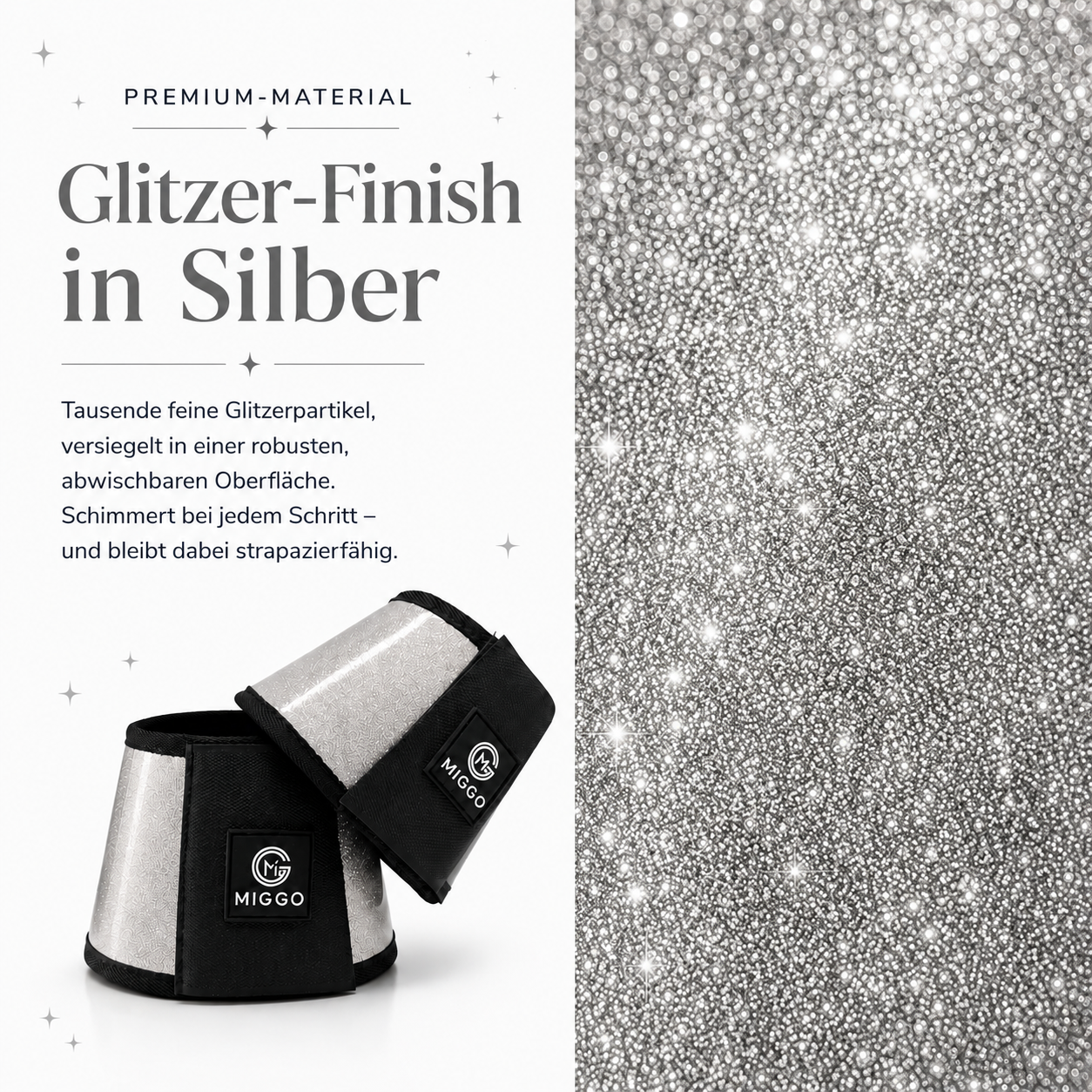 MIGGO HufHeld Hufglocken & Springglocken für Pferde und Ponys – Robuste Glitzer-TPU Hufglocken mit weicher Neoprenpolsterung | XS–XL|Silber