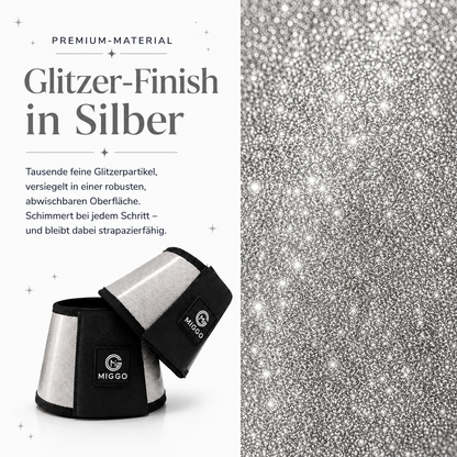 MIGGO HufHeld Hufglocken & Springglocken für Pferde und Ponys – Robuste Glitzer-TPU Hufglocken mit weicher Neoprenpolsterung | XS–XL|Silber