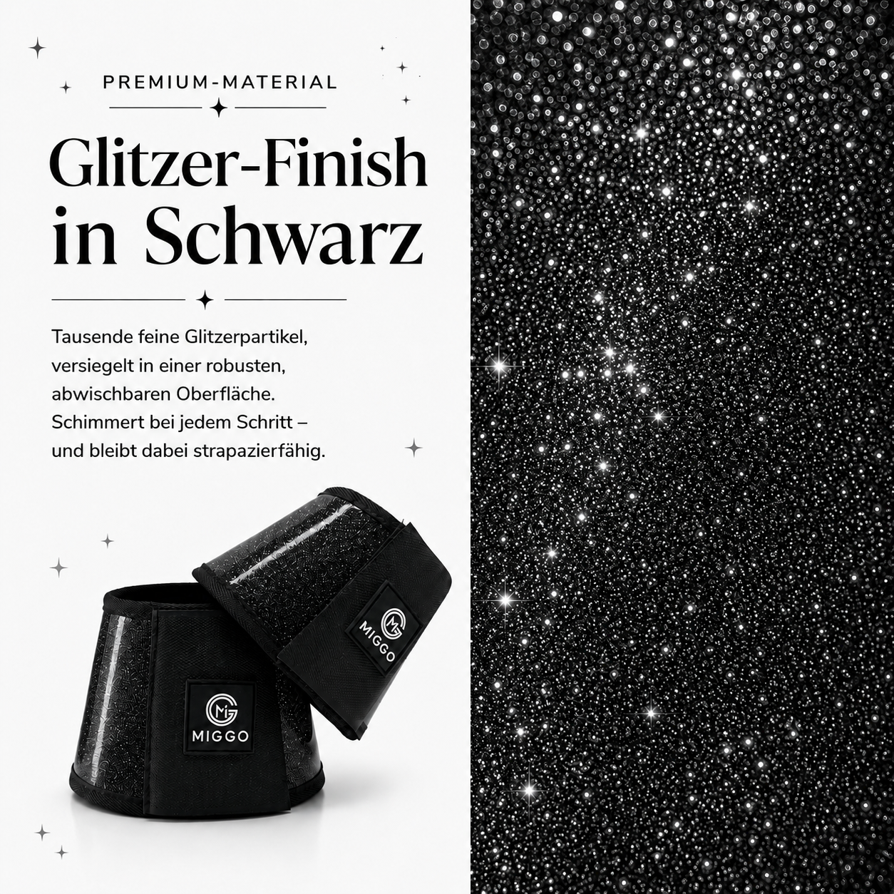 MIGGO HufHeld Hufglocken & Springglocken für Pferde und Ponys – Robuste Glitzer-TPU Hufglocken mit weicher Neoprenpolsterung | XS–XL|Schwarz