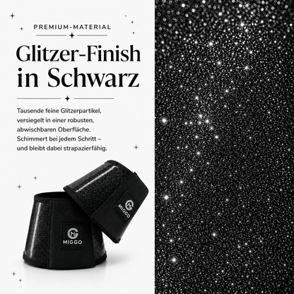 MIGGO HufHeld Hufglocken & Springglocken für Pferde und Ponys – Robuste Glitzer-TPU Hufglocken mit weicher Neoprenpolsterung | XS–XL|Schwarz