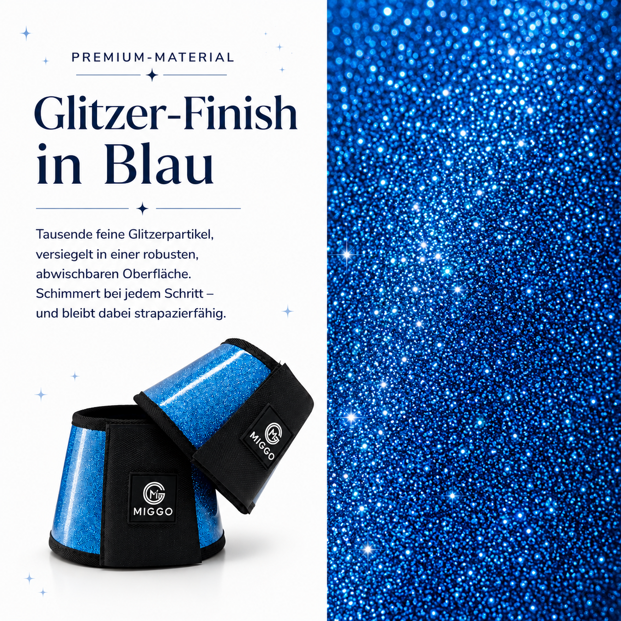 MIGGO HufHeld Hufglocken & Springglocken für Pferde und Ponys – Robuste Glitzer-TPU Hufglocken mit weicher Neoprenpolsterung | XS–XL|Blau