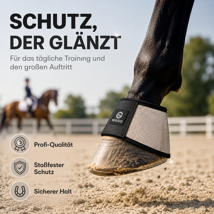 MIGGO HufHeld Hufglocken & Springglocken für Pferde und Ponys – Robuste Glitzer-TPU Hufglocken mit weicher Neoprenpolsterung | XS–XL|Silber
