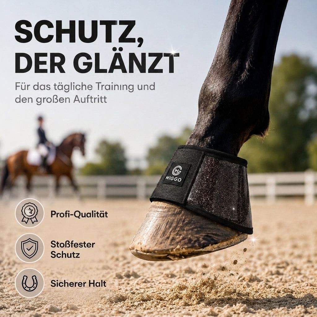 MIGGO HufHeld Hufglocken & Springglocken für Pferde und Ponys – Robuste Glitzer-TPU Hufglocken mit weicher Neoprenpolsterung | XS–XL|Schwarz