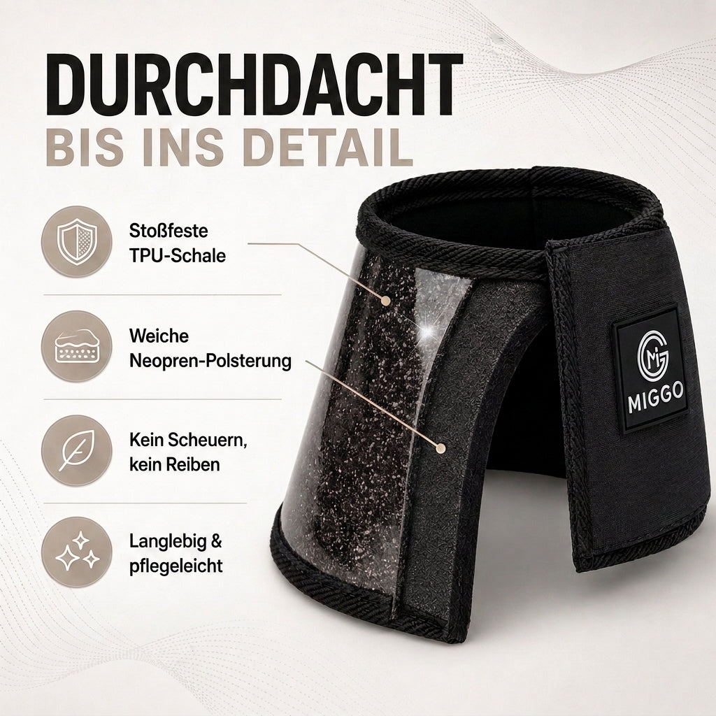 MIGGO HufHeld Hufglocken & Springglocken für Pferde und Ponys – Robuste Glitzer-TPU Hufglocken mit weicher Neoprenpolsterung | XS–XL|Schwarz