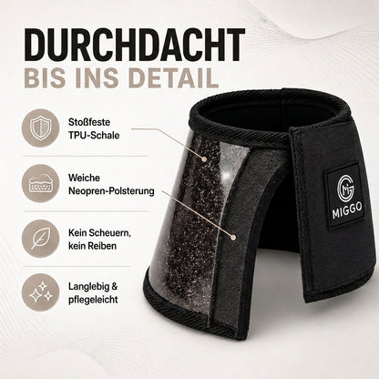 MIGGO HufHeld Hufglocken & Springglocken für Pferde und Ponys – Robuste Glitzer-TPU Hufglocken mit weicher Neoprenpolsterung | XS–XL|Schwarz
