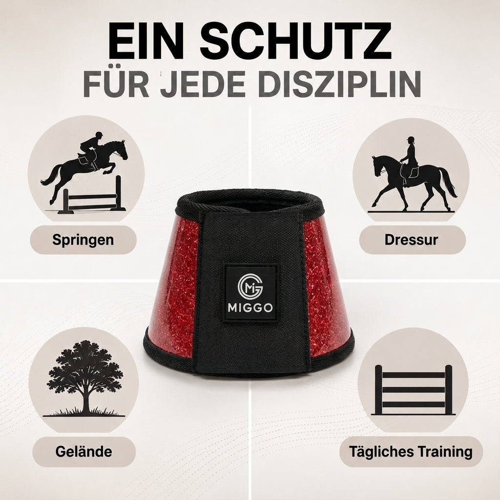 MIGGO HufHeld Hufglocken & Springglocken für Pferde und Ponys – Robuste Glitzer-TPU Hufglocken mit weicher Neoprenpolsterung | XS–XL| Rot