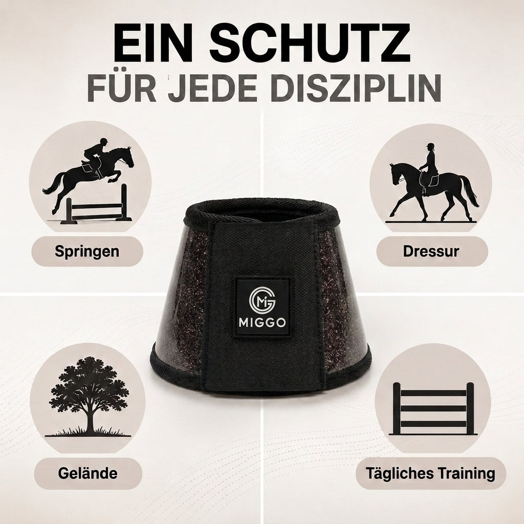 MIGGO HufHeld Hufglocken & Springglocken für Pferde und Ponys – Robuste Glitzer-TPU Hufglocken mit weicher Neoprenpolsterung | XS–XL|Schwarz