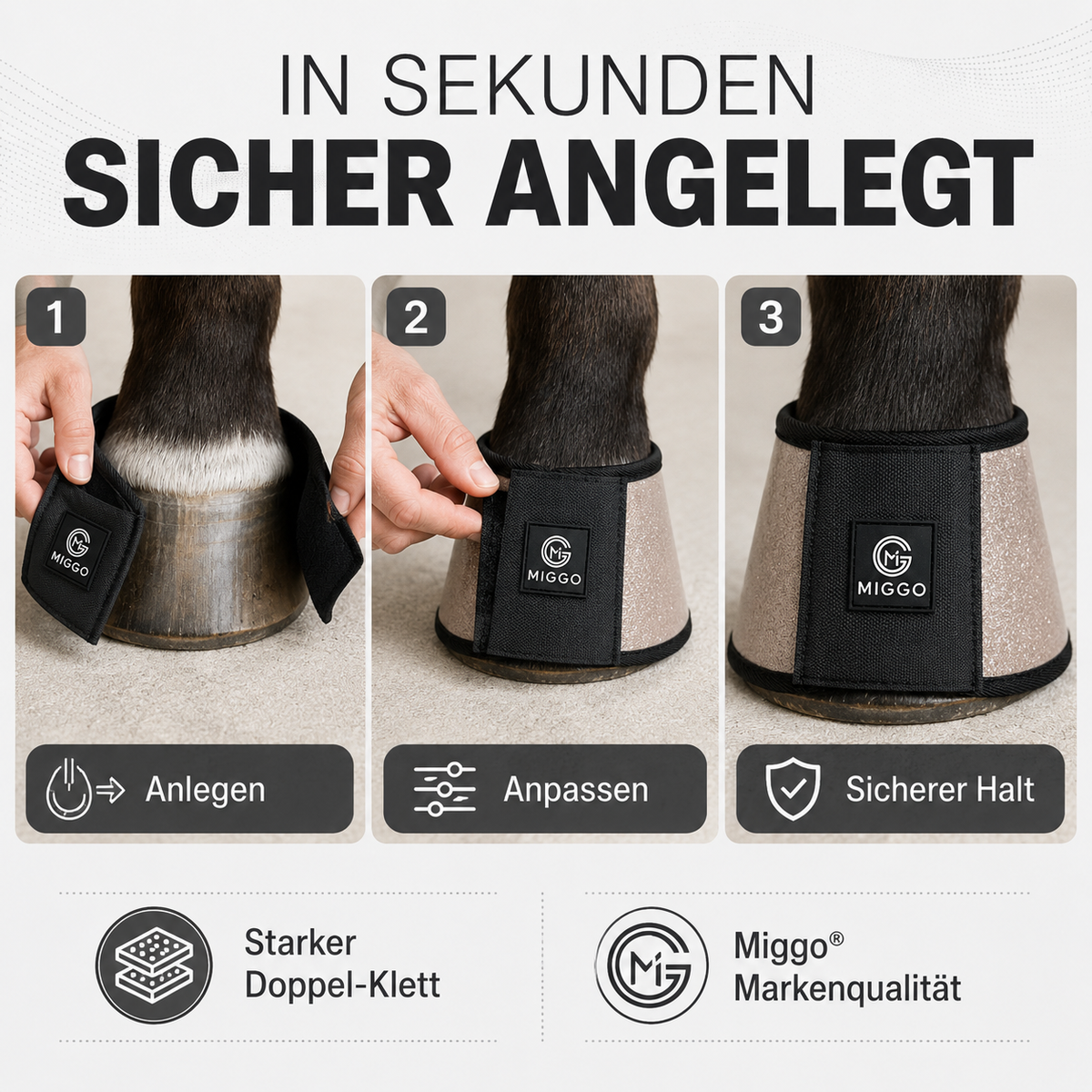 MIGGO HufHeld Hufglocken & Springglocken für Pferde und Ponys – Robuste Glitzer-TPU Hufglocken mit weicher Neoprenpolsterung | XS–XL|Silber