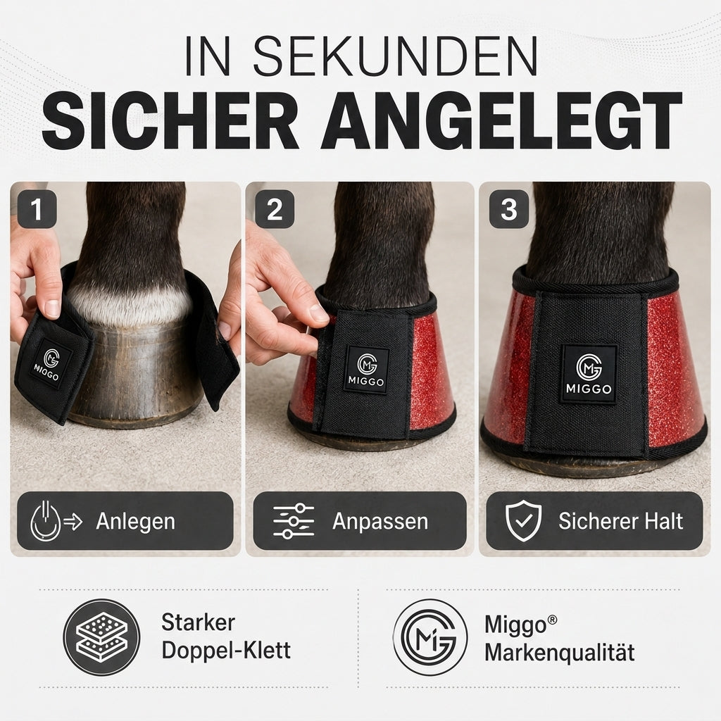 MIGGO HufHeld Hufglocken & Springglocken für Pferde und Ponys – Robuste Glitzer-TPU Hufglocken mit weicher Neoprenpolsterung | XS–XL| Rot