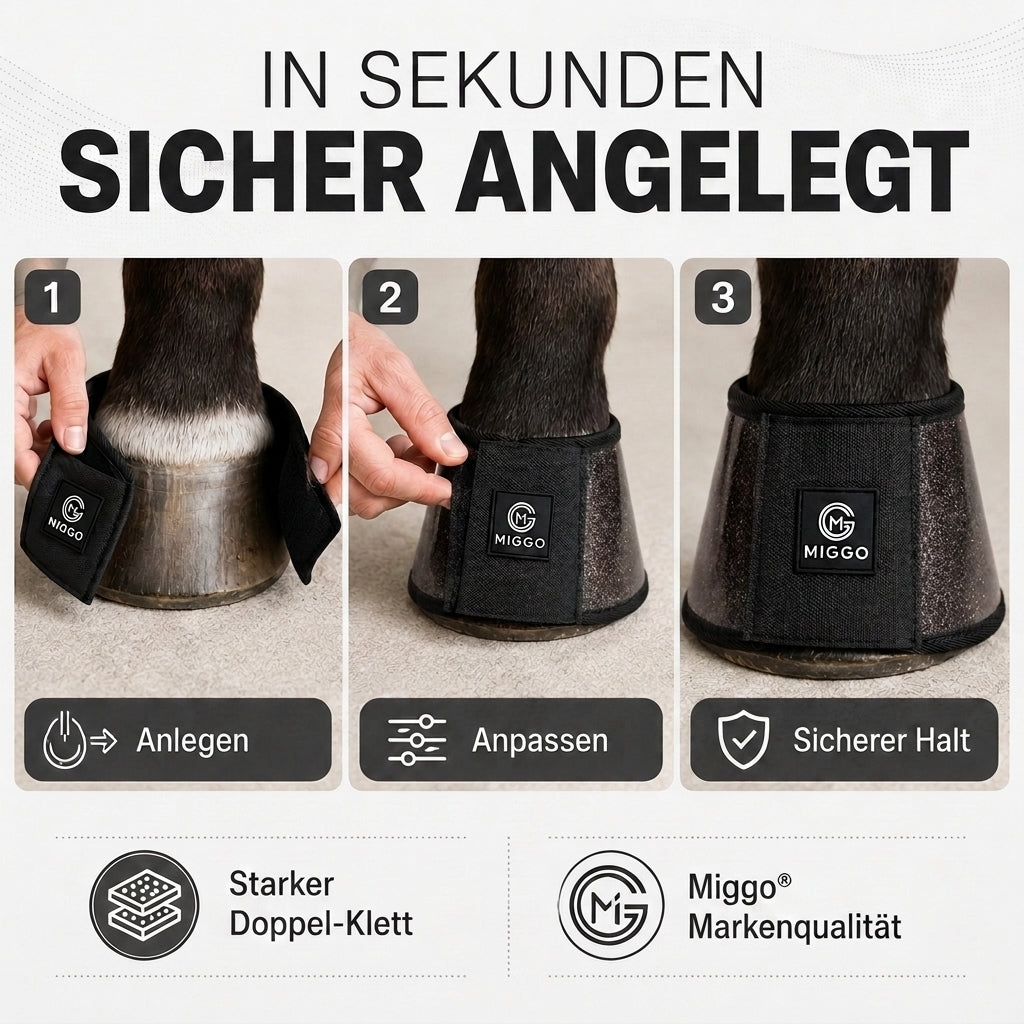 MIGGO HufHeld Hufglocken & Springglocken für Pferde und Ponys – Robuste Glitzer-TPU Hufglocken mit weicher Neoprenpolsterung | XS–XL|Schwarz