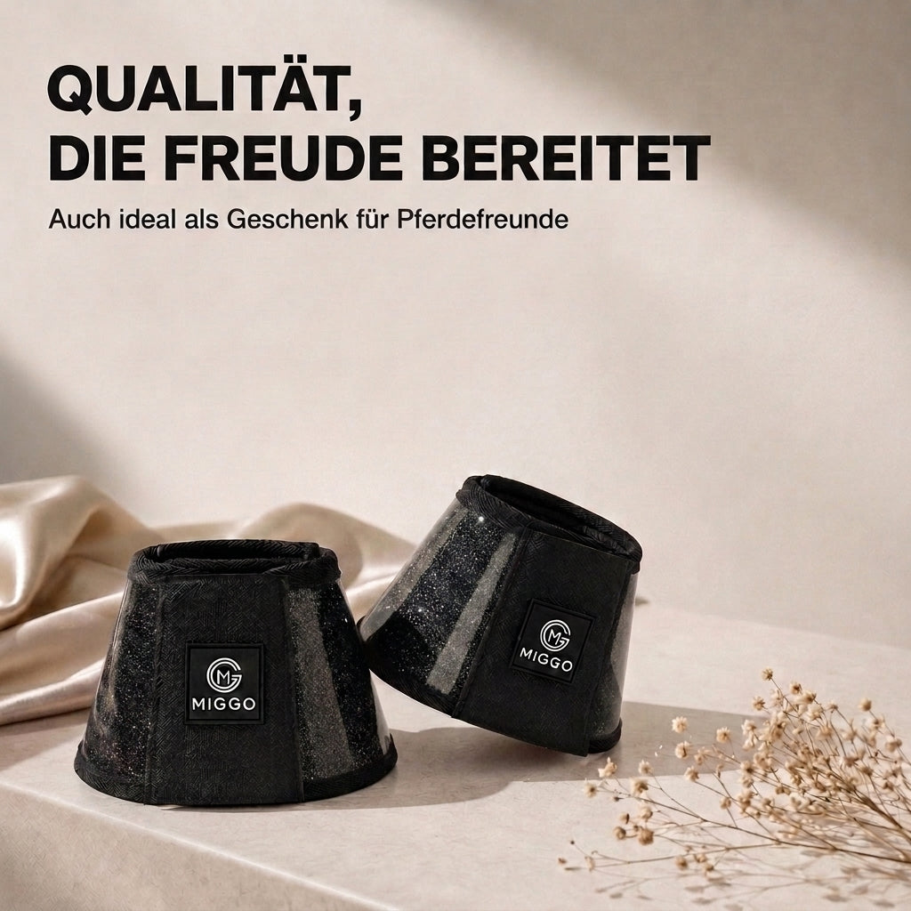 MIGGO HufHeld Hufglocken & Springglocken für Pferde und Ponys – Robuste Glitzer-TPU Hufglocken mit weicher Neoprenpolsterung | XS–XL|Schwarz
