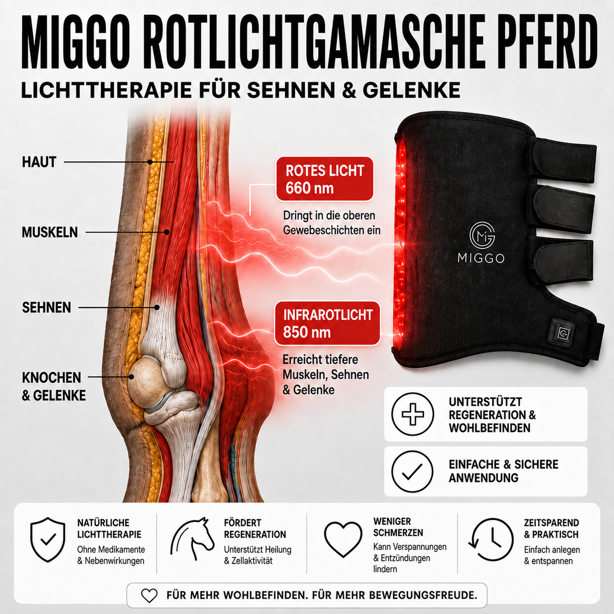 MIGGO LED-Rotlichtgamasche Pferd 660/850 nm – für Muskeln, Sehnen & Gelenke zur Regeneration | Links